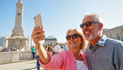 Happy elderly couple taking selfie at tourist landmark, joyful memories