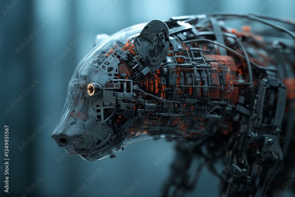 Poster intricate robotic bear with visible circuitry and glowing elements in a futuristic setting