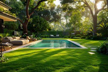 A beautiful lawn leading to a backyard pool surrounded by trees