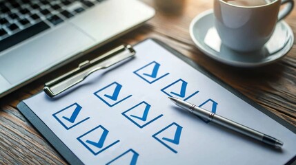ISO guideline checklist on a clipboard, pen poised over the page, sleek laptop and coffee cup on the desk, modern office vibe