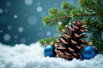 Pinecone adorned with navy blue and gold ornaments against a winter wonderland background, tree, gift, snow