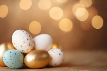Obraz premium Beautifully decorated Easter eggs arranged on a wooden surface with golden bokeh in the background