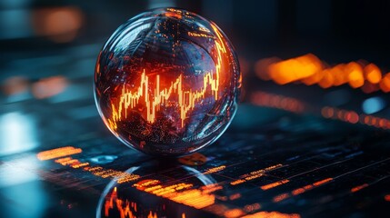 Artistic investor prediction image featuring a crystal ball with moving candlestick patterns, glowing brightly against a dark financial backdrop