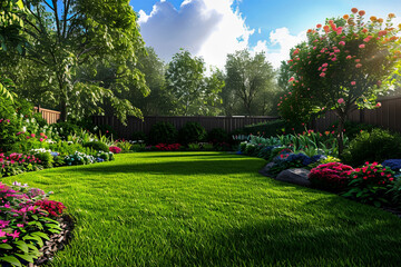 A beautifully manicured backyard lawn with lush green grass, surrounded by colorful flower beds