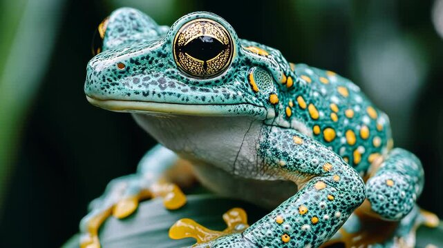 Colorful frog perched on a leaf in a tropical rainforest showcasing vibrant patterns and textures
