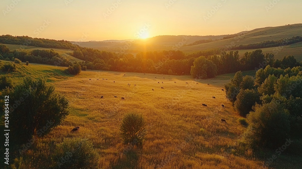 Poster cows wander freely in a golden field as the sun sets behind rolling hills, casting warm hues across 