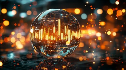 Obraz premium Close-up of a transparent crystal sphere containing stock market candlesticks, surrounded by glowing prediction data and symbols
