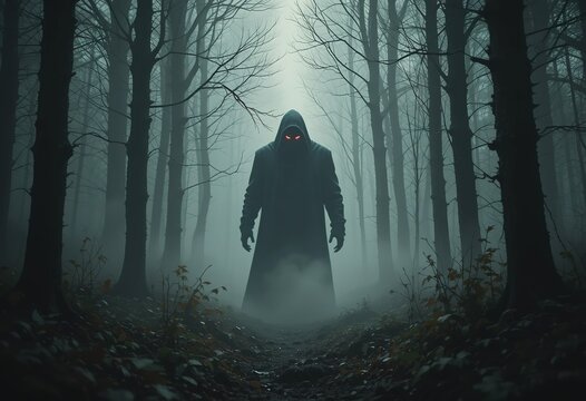 Hooded Figure Stands In A Foggy Forest Path