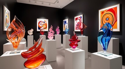 Modern glass sculptures in an art gallery, featuring vibrant swirling designs in red, orange, and pink, displayed on white pedestals with framed abstract paintings on the walls

