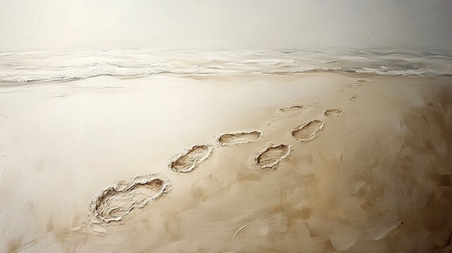 Footprints fading away in the wet sand along a tranquil shoreline at sunset