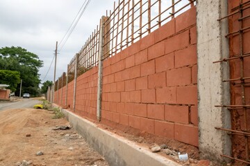 Reddish-brown cement wall with rusty reinforcement bars, red coloration, weathered surface, reinforced concrete, rusty metal, rough finish