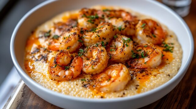 Top down view of American shrimp grits with creamy cheese grits and spicy sauted shrimp served in a white bowl