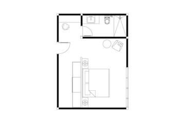 2 dimension of layout bedroom and bathroom interior design plan, lines black on white background. Set 17