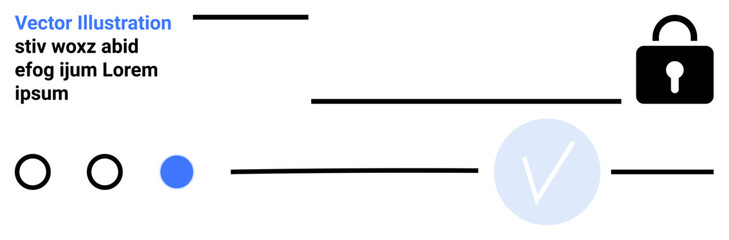Minimalistic design including a black lock icon, blue check mark, and various text elements. Ideal for security, data protection, user interface, validation, privacy, encryption and online services