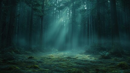 Serene Misty Forest with Sunbeams Illuminating Green Underbrush