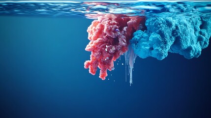Underwater scene showcasing vibrant pink and blue smoke-like formations blending in clear water, creating an abstract visual effect