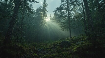Fototapeta premium Ethereal Sunlight Filtering Through Dense Forest Trees and Fog