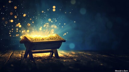 Stylized banner showing a wooden manger with soft golden light rays emanating from it, Messiah is Born text overlay, dark blue gradient background