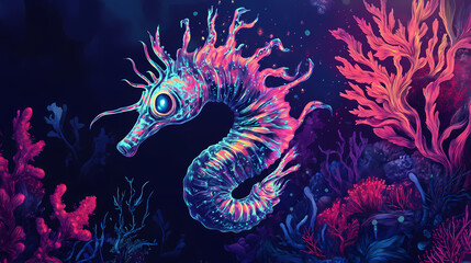 Mysterious underwater voodoo ritual with bioluminescent seahorse shaman and glowing coral reefs. Alien Rituals & Ceremonies. Illustration