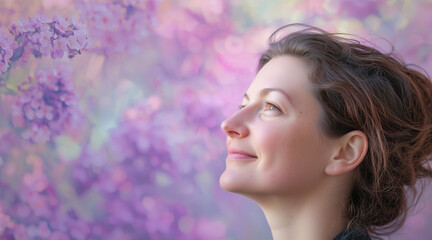 Fototapeta premium smile, photo of side profile portrait of a woman, international women's day. March 8, purple and pink flowers background