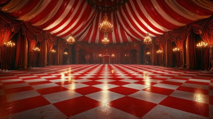 Red striped circus tent in grand hall, chandeliers, checkered floor