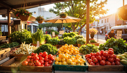 Vibrant vegetable market at sunset, freshness and community spirit