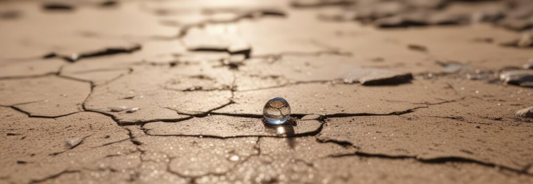 Small water droplet suspended in mid-air above parched and cracked earth surface, parched soil, sparse drops, suspend
