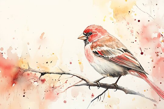 red finch on branch, watercolor of bird in nature on brushstrokes background, artistic illustration, wildlife concept wallpaper, design for wall art, home decor, print, card, animal day