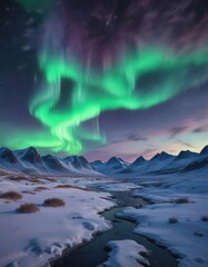 Naklejka premium Snow-covered landscape with vibrant northern lights in the sky, snow, night, winter, stars, landscape