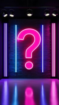 Glowing neon question mark sign on a dark brick wall with blue and pink LED lights, symbolizing curiosity, mystery, quiz, uncertainty, riddles, innovation, and futuristic concepts


