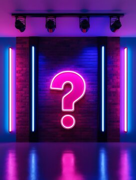 Glowing neon question mark sign on a dark brick wall with blue and pink LED lights, symbolizing curiosity, mystery, quiz, uncertainty, riddles, innovation, and futuristic concepts

