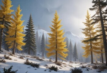 Snowflakes dance in the air as they fall onto the still yellow spruce trees in a frozen mountain forest, serene, landscape, forest