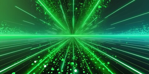 Fototapeta premium Futuristic digital data stream with glowing green laser lines extending into the distance, representing high-speed technology, cyber connectivity, AI, virtual reality, and innovation