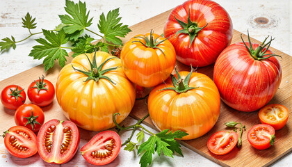 Colorful heirloom tomatoes on wooden surface, vibrant freshness
