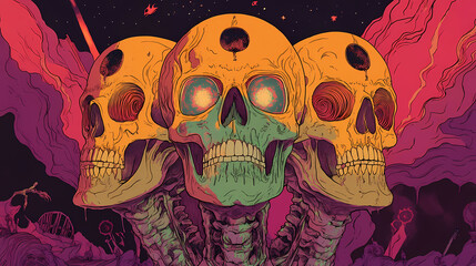 Psychedelic halloween rock band channeling cosmic occult aesthetic with swirling hallucinogenic. Alien Rituals & Ceremonies. Illustration