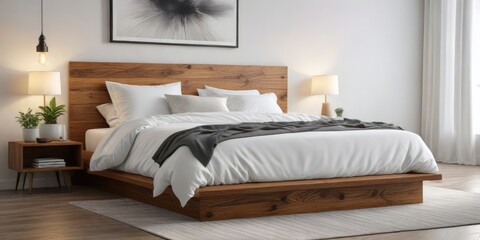 Soft white bedding on a minimalist platform bed with a wooden headboard , wood, , serene