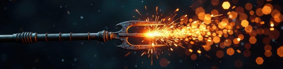 Sparks fly from the tip of a glowing trident fork in the air, metal, fiery, spark