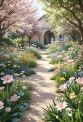 Fototapeta premium Spring garden illustration with light pastel colors and abstract shapes, bright, growth, art