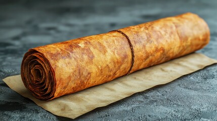 Rolled ancient parchment on textured surface with aged paper background