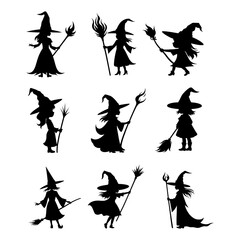 Vector silhouette set of little witches, isolated in white. Ideal for Halloween designs, fantasy illustrations, magical themes, and digital artwork.