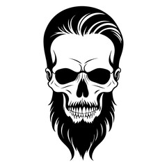 Vector silhouette of a skull with a stylish beard and hair, isolated in white. Ideal for edgy tattoos, logos, and digital designs.
