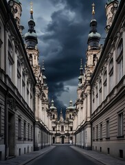 Fototapeta premium Dramatic view of a historic European street with towering baroque architecture under a stormy sky, evoking a sense of mystery, grandeur, and timeless beauty in urban exploration.