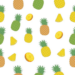 seamless pattern of pineapple. Set of pineapple. Seamless pineapple pattern vector. Ananas seamless pattern. Pineapple exotic tropical fruit as name Ananas comosus.  Whole pineapple with leaves.