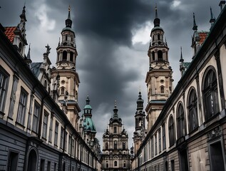 Obraz premium Dramatic view of a historic European street with towering baroque architecture under a stormy sky, evoking a sense of mystery, grandeur, and timeless beauty in urban exploration.