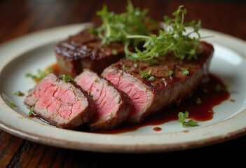 Juicy medium-rare steak with fresh herbs served on a plate