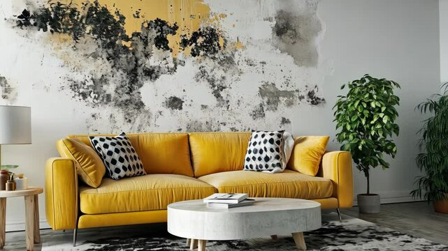 Modern living room with yellow sofa and abstract wall art, a stylish home decor theme linked to allergy concept