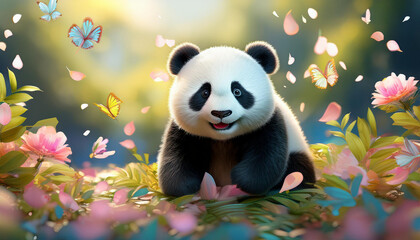 Baby Panda with Butterflies and Flowers
