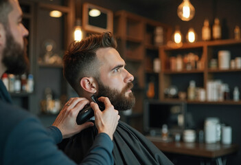 Male client receiving a precise beard trim in a stylish barbershop