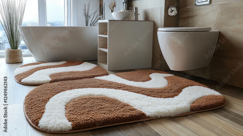 Poster this stylish bathroom carpet features a soft shaggy texture with abstract shapes in brown and white,