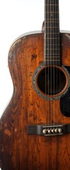 Fototapeta premium fictional unbranded vintage acoustic country guitar isolated. guitar shows lots of wear from years of use, rustic, worn, retro, distress, music, strum, wood, electric, musician, classic, aged, folk